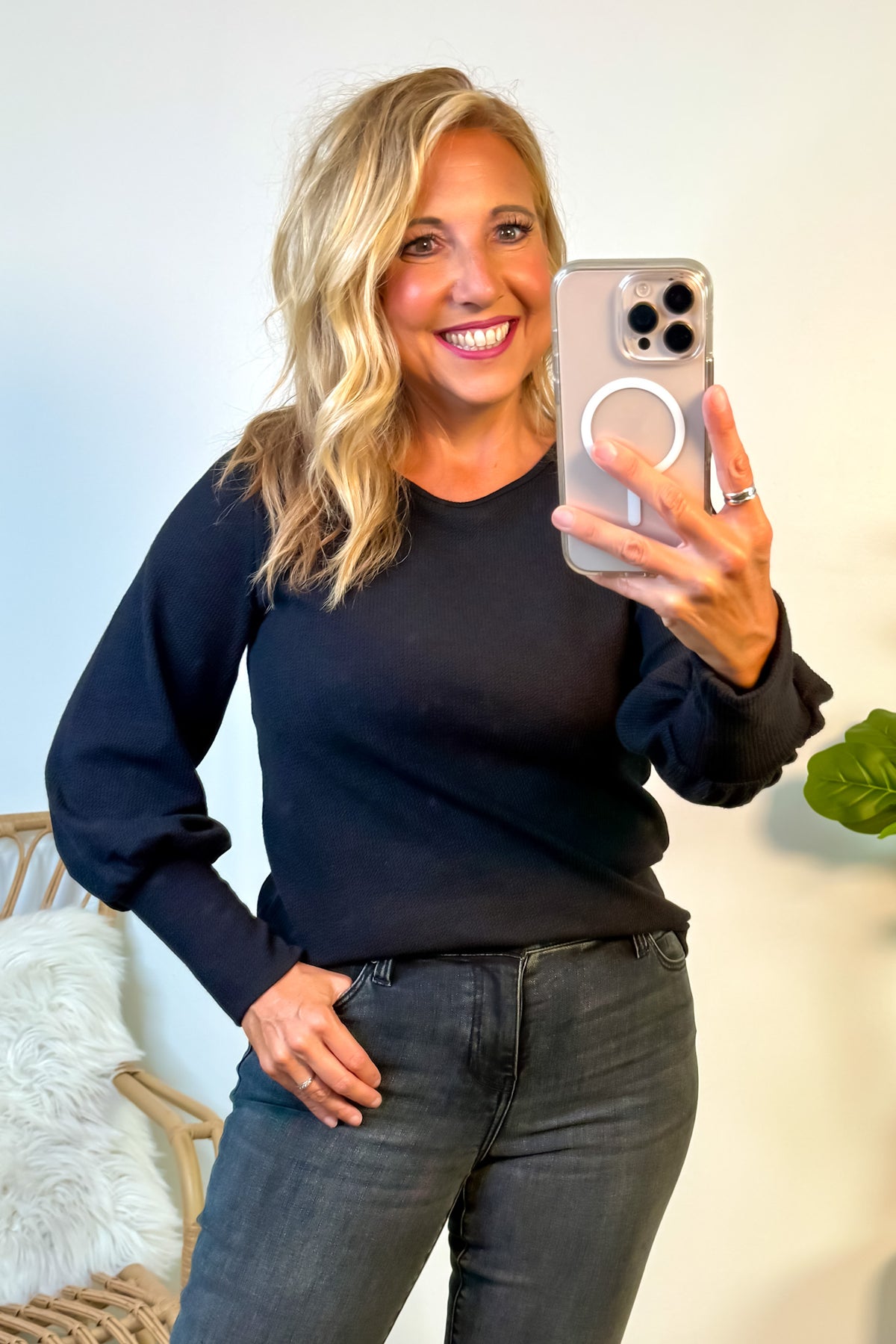 Monika Knit Banded Sleeve Top : Black