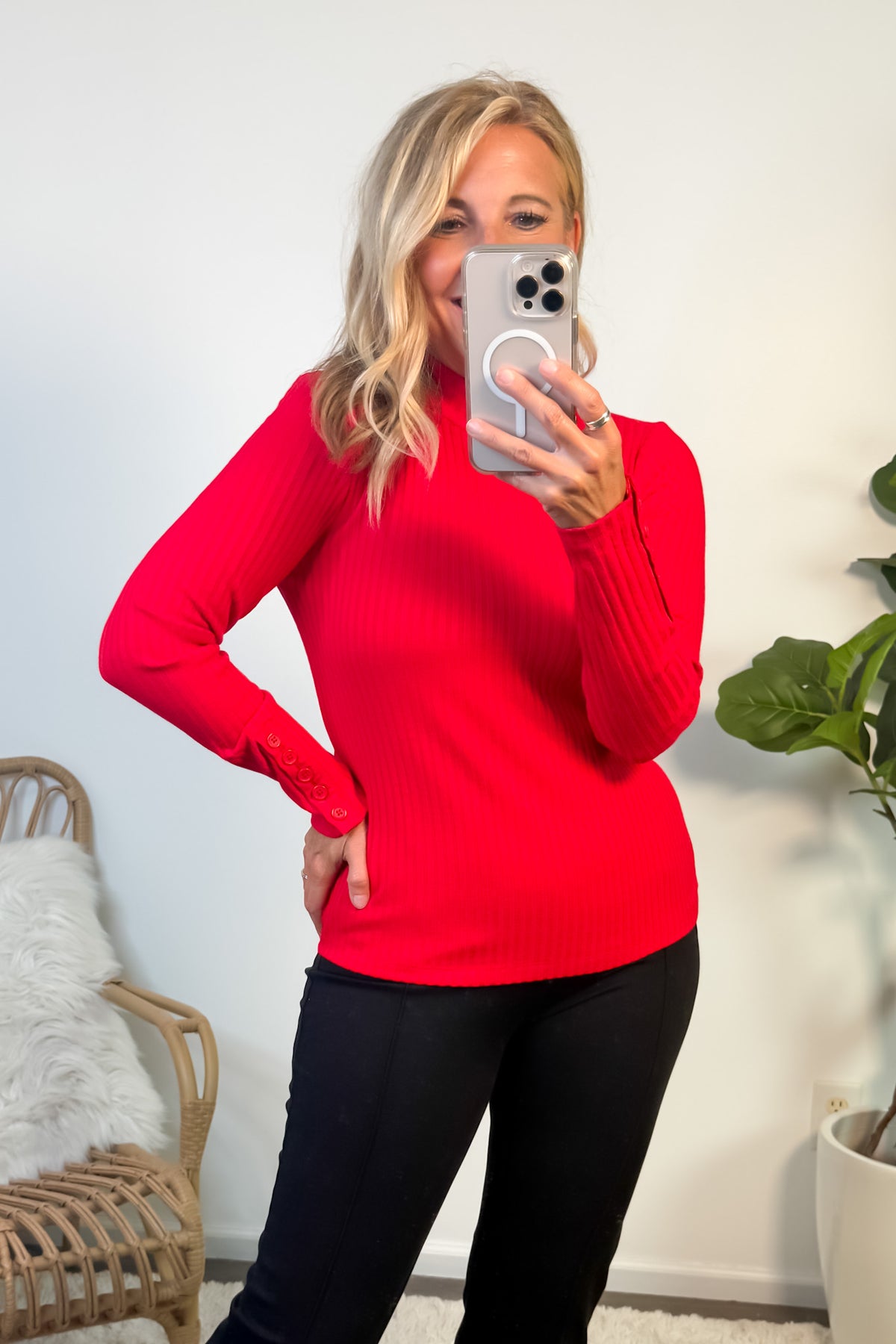 Liverpool Libbie L/S Mock Knit Top : Tango Red