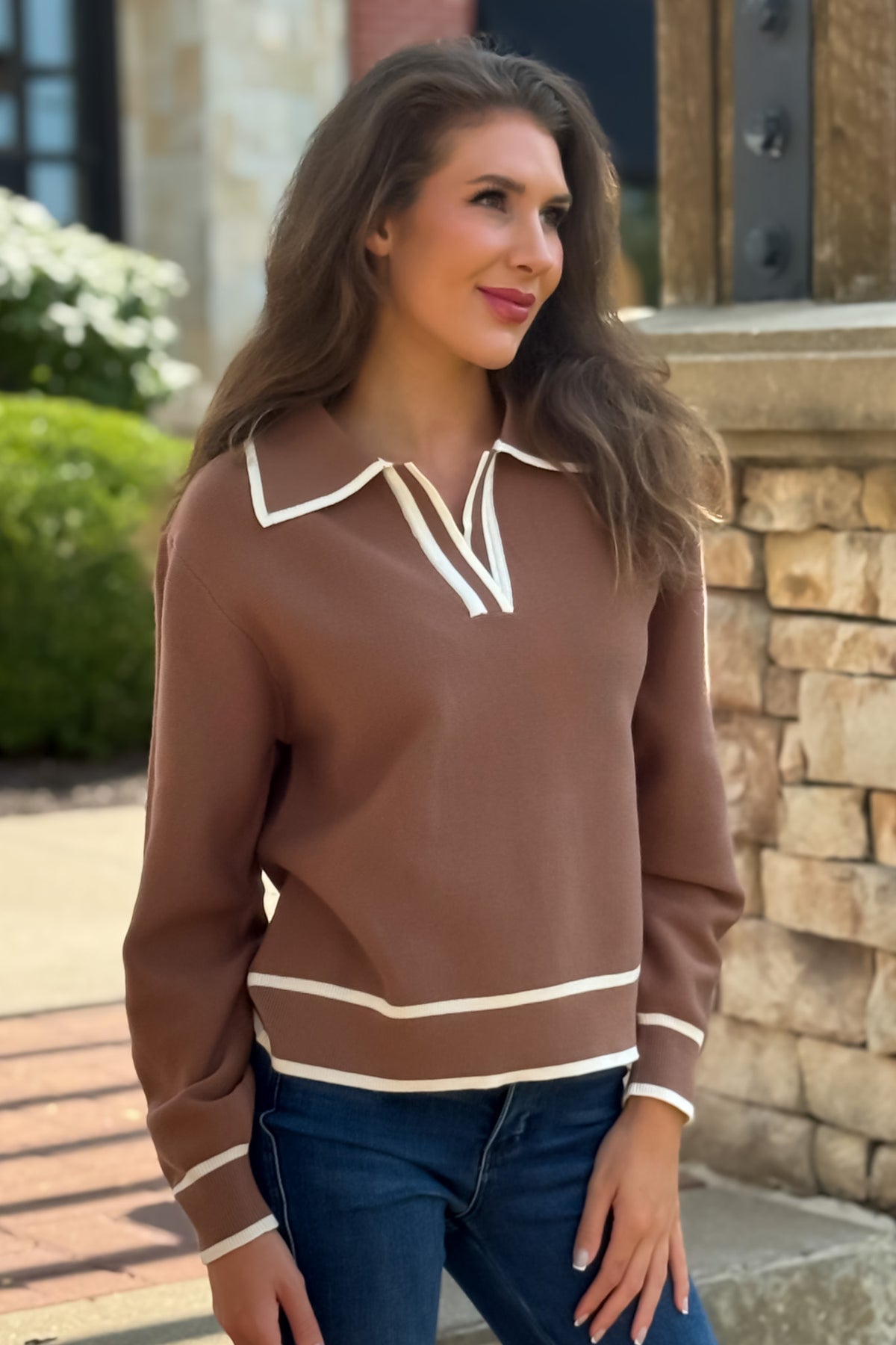 Paige Collared V neck Sweater : Mocha Mousse