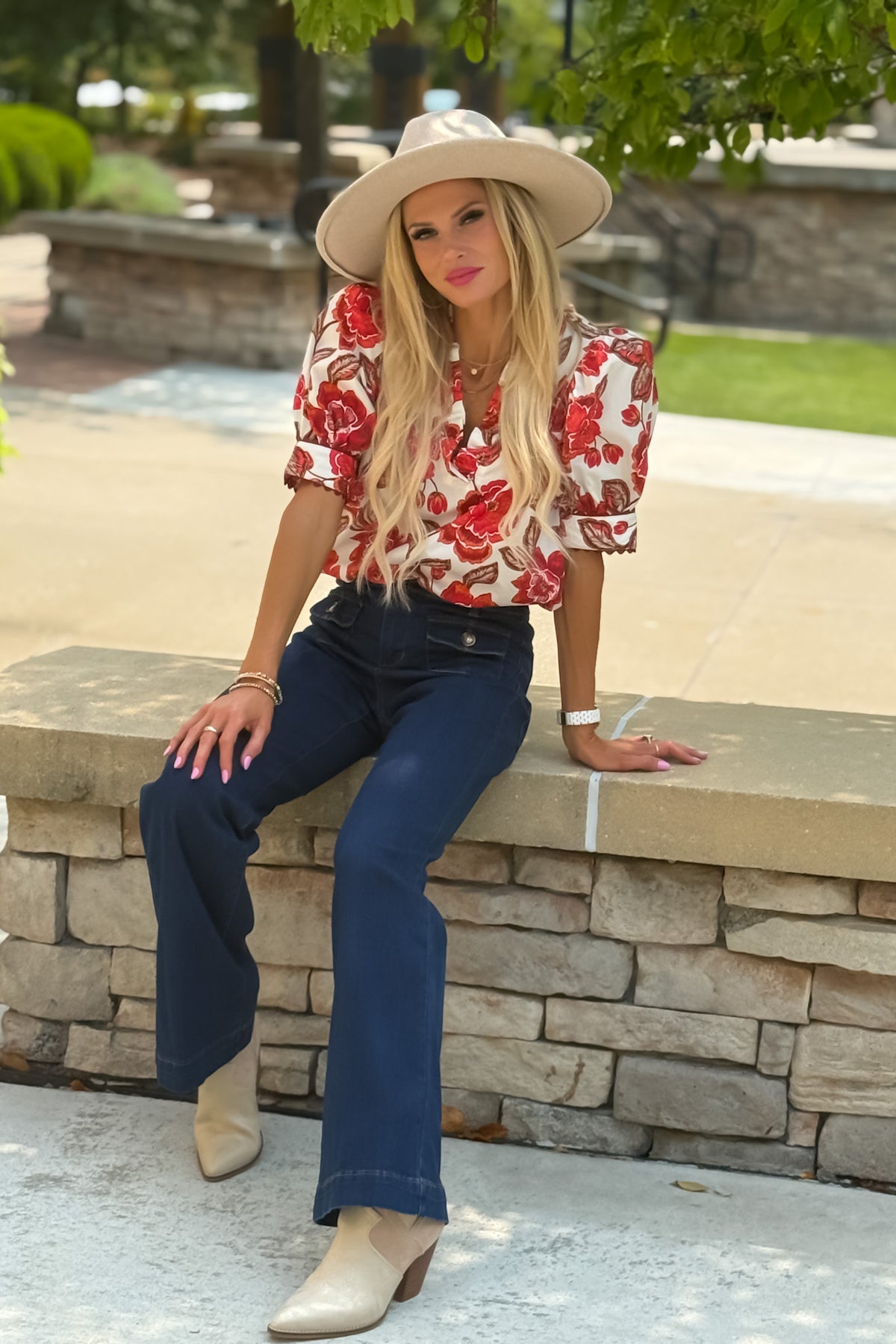 Danika Floral Print V neck Top : Brick