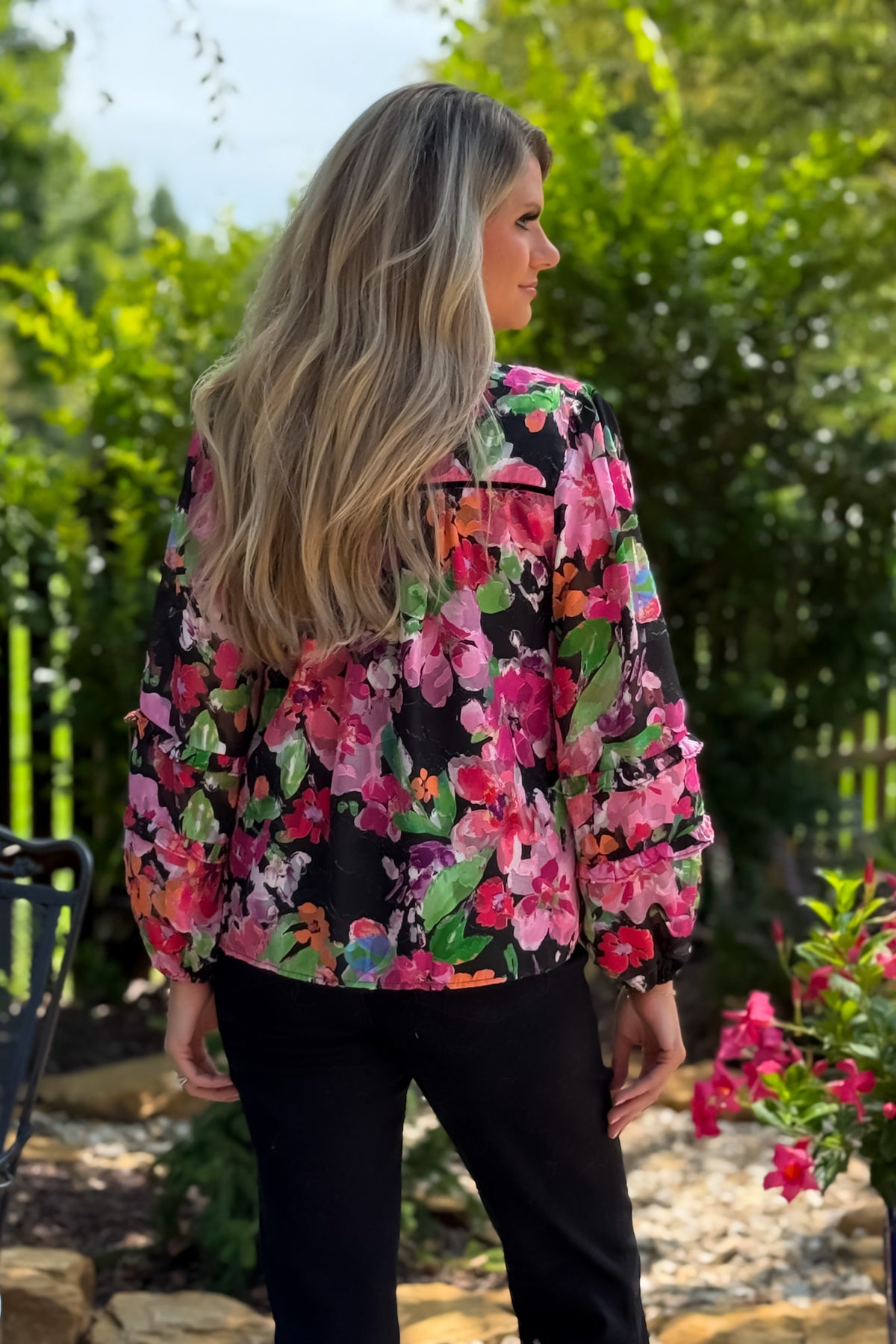 Nevelle Floral Jacquard Chiffon Blouse : Black
