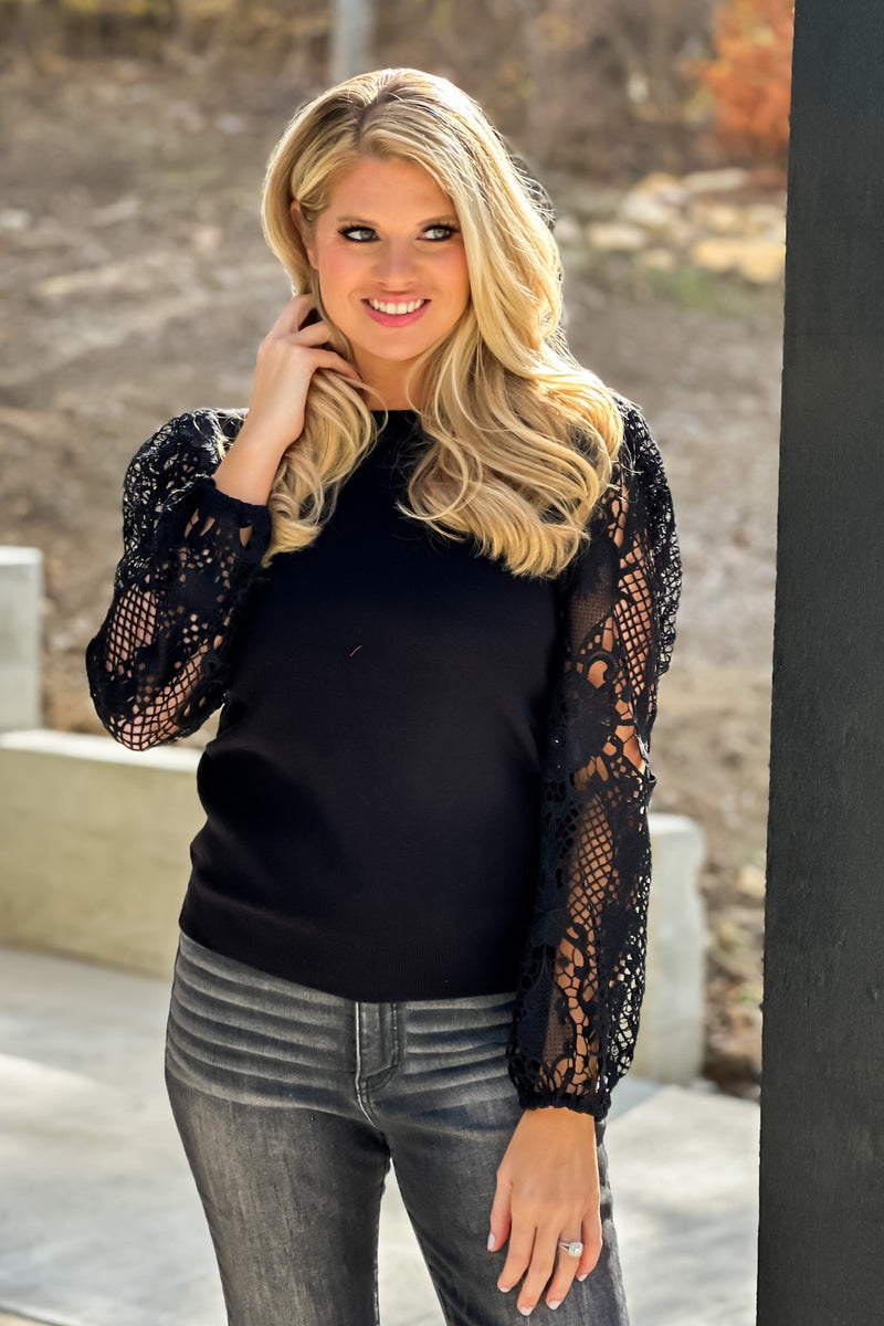 Blissful Thoughts Crochet Sleeve Sweater : Black