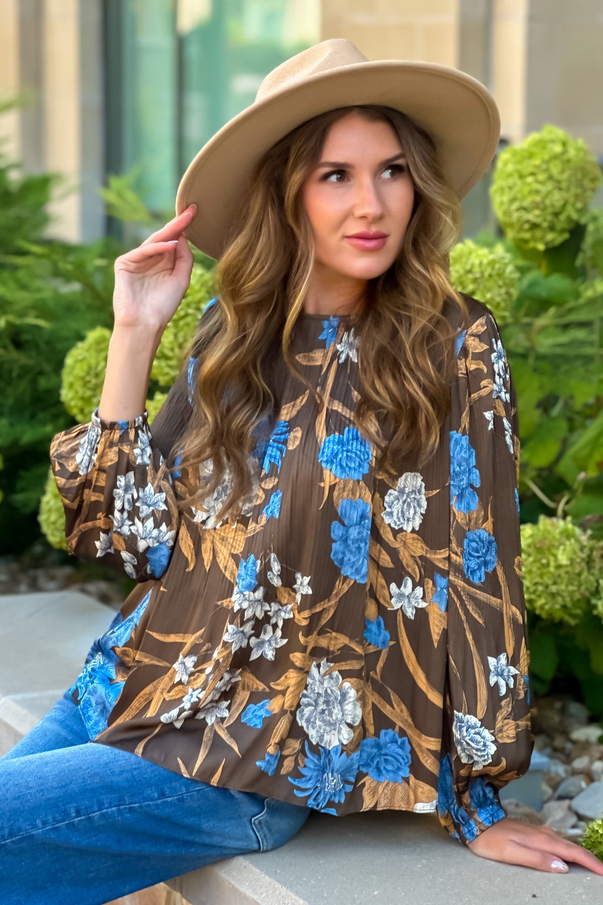 Radina Pleated Blouse : Brown Floral