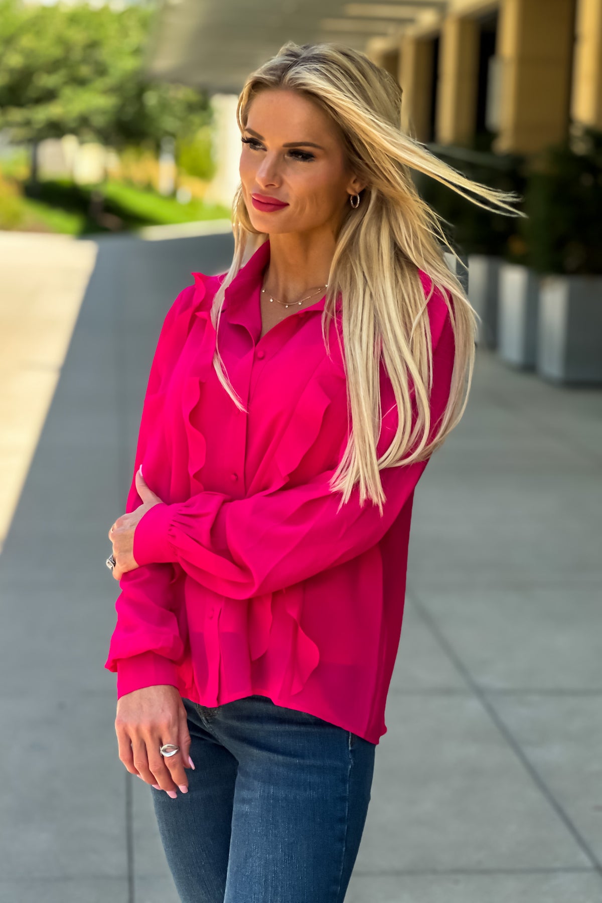 Sabrina Ruffle Button Down Shirt : Fuchsia