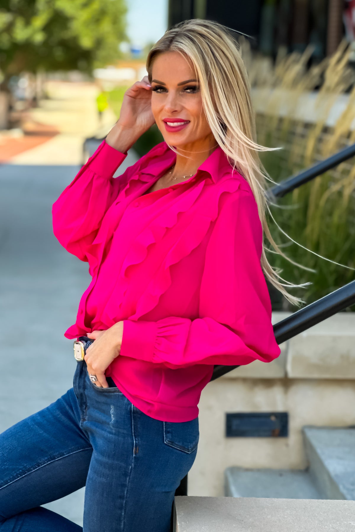 Sabrina Ruffle Button Down Shirt : Fuchsia