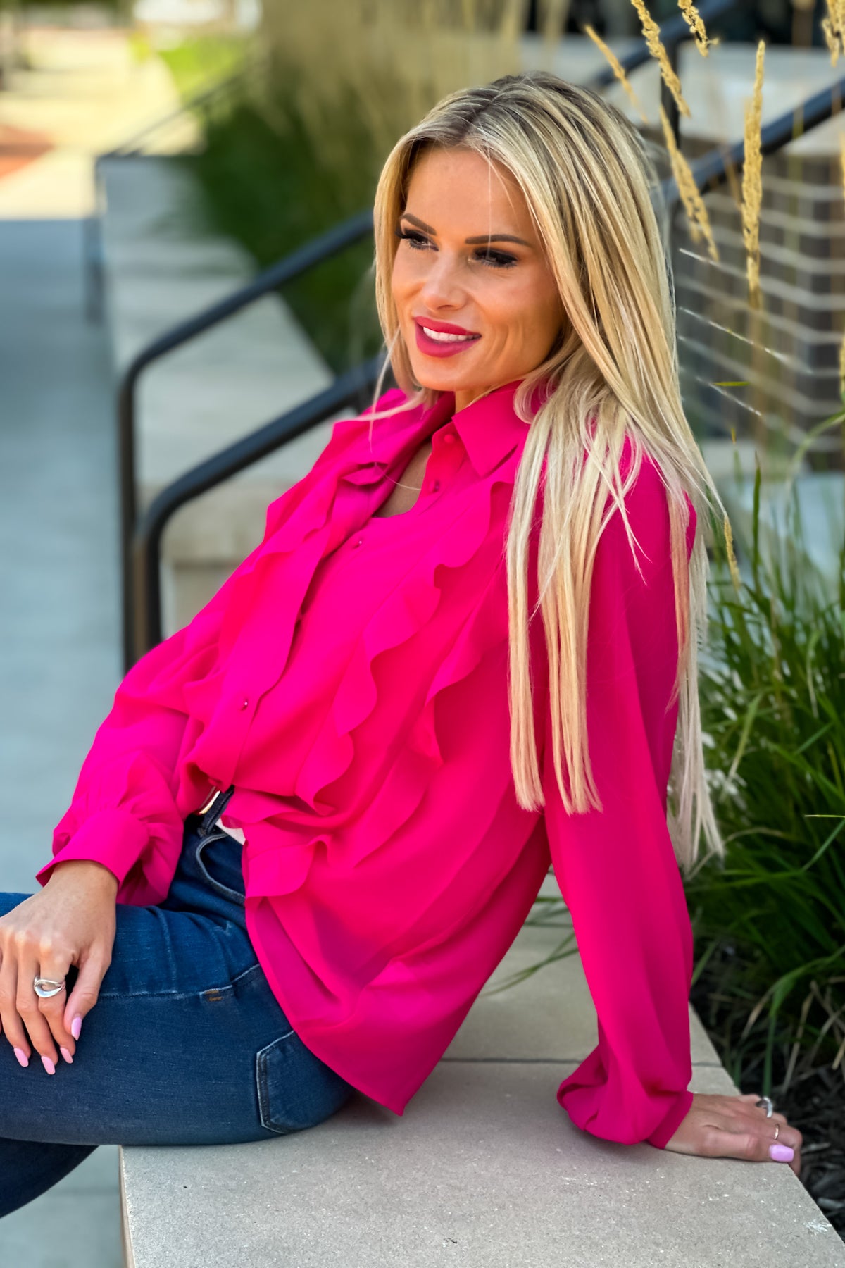 Sabrina Ruffle Button Down Shirt : Fuchsia