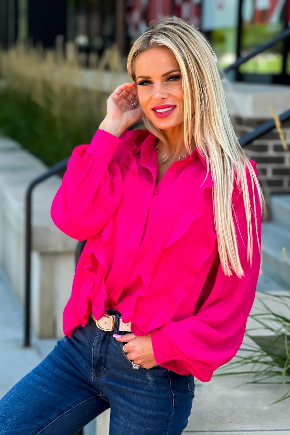 Sabrina Ruffle Button Down Shirt : Fuchsia