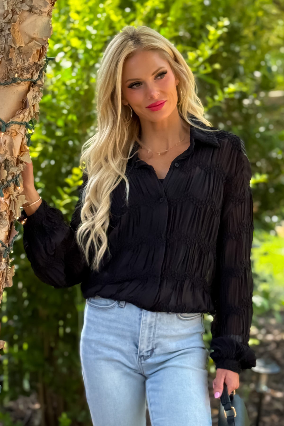 Niomee Romantic Sheer Textured Blouse : Black