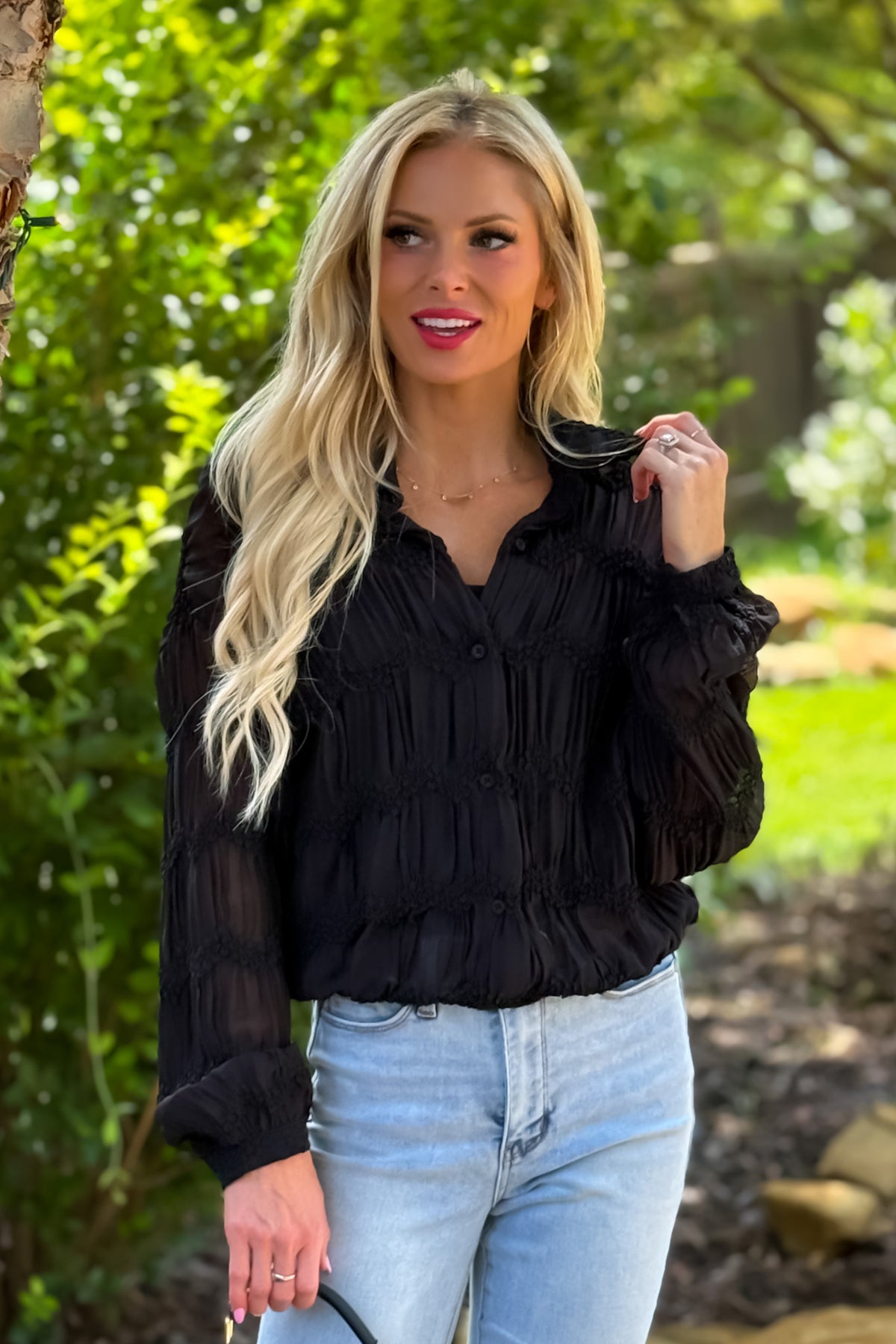Niomee Romantic Sheer Textured Blouse : Black
