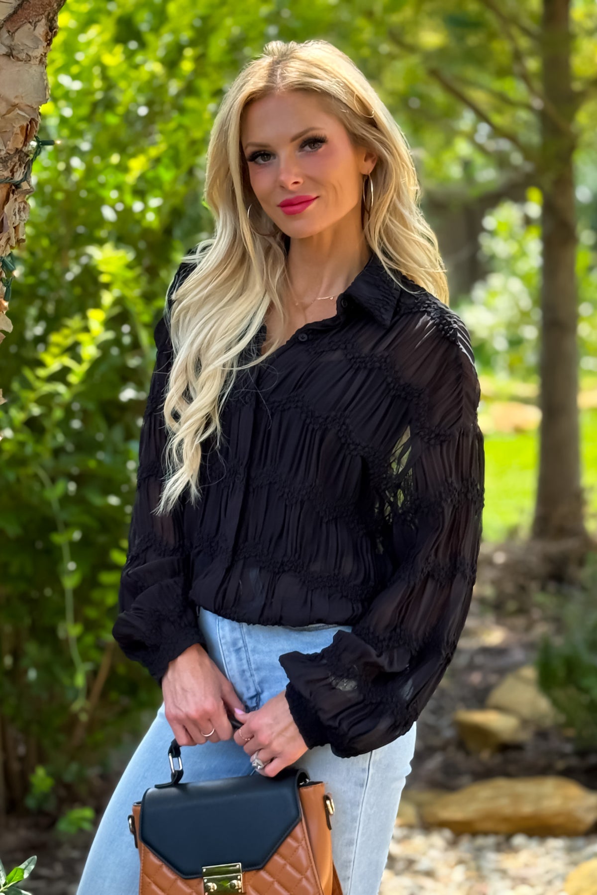 Niomee Romantic Sheer Textured Blouse : Black