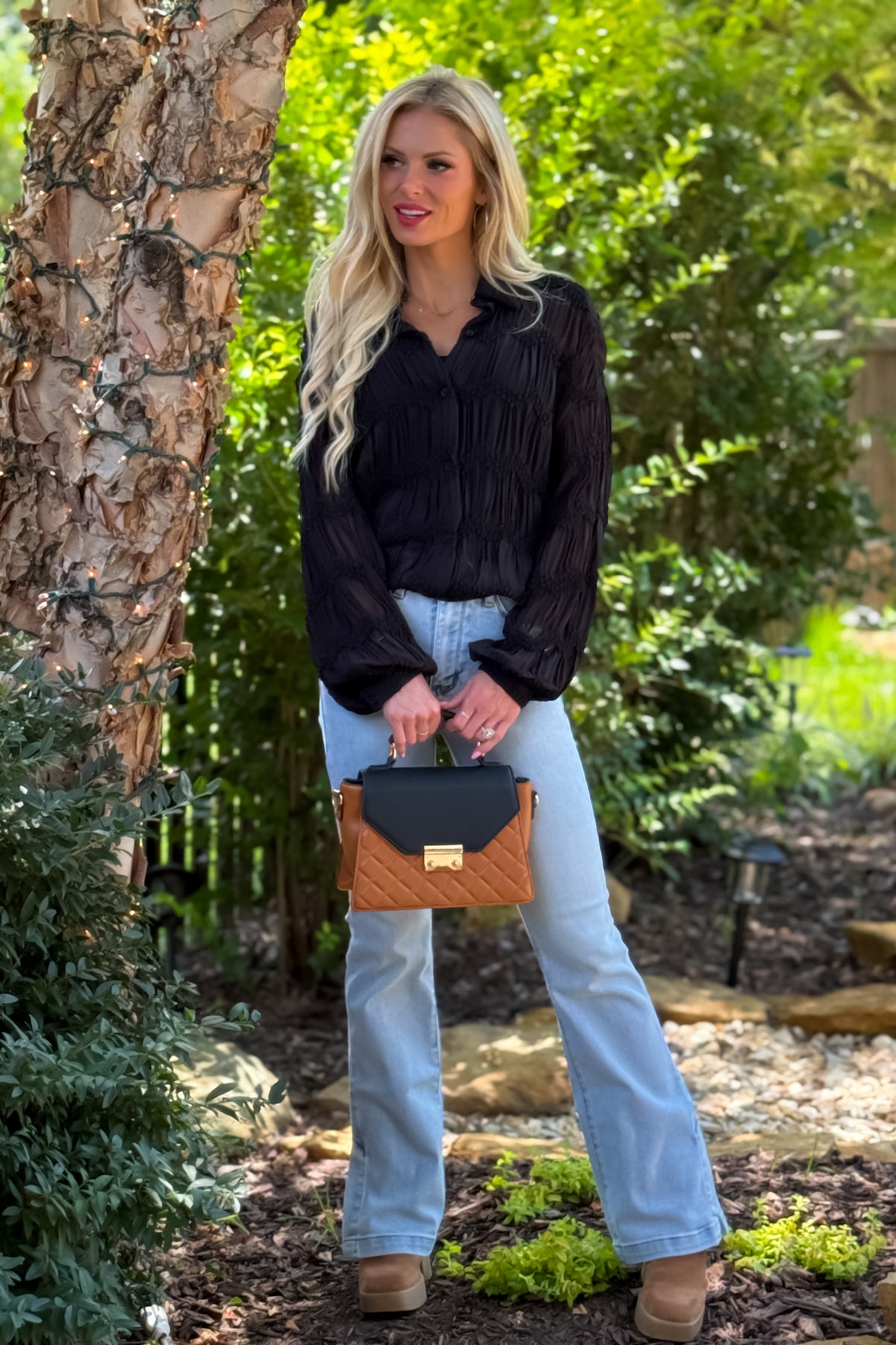 Niomee Romantic Sheer Textured Blouse : Black
