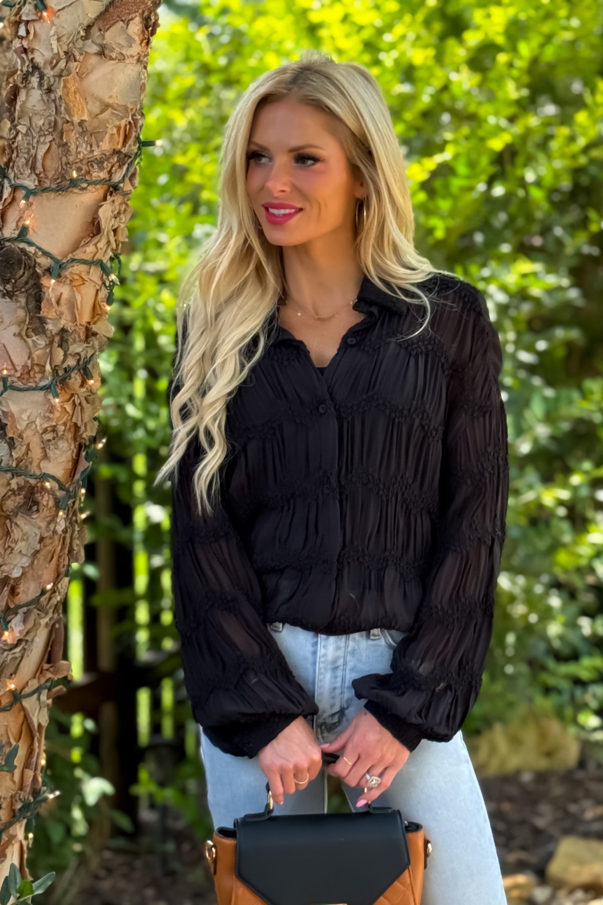 Niomee Romantic Sheer Textured Blouse : Black