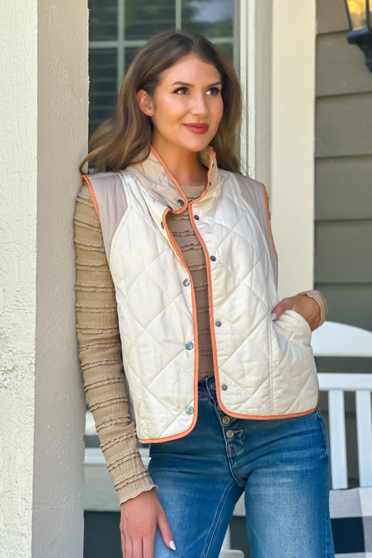 Giselle Color Block Padded Vest : Ivory