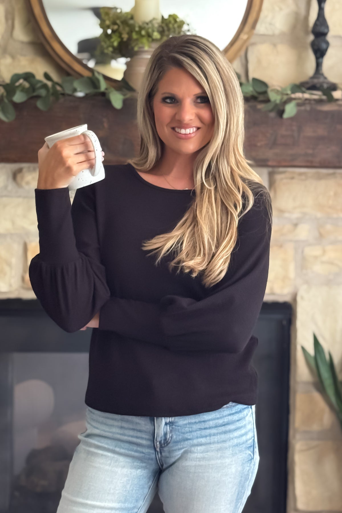 Monika Knit Banded Sleeve Top : Black