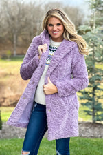 Mountain Nights Hooded Faux Fur Long Coat : Lavender