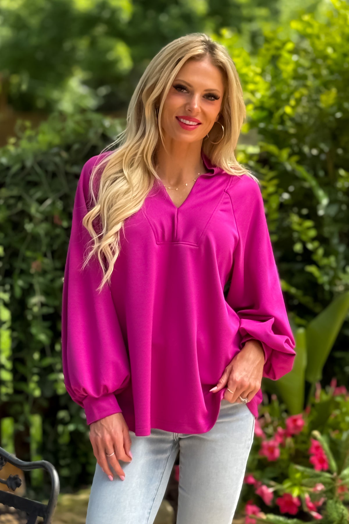 Octavia Soft Brushed V neck Top : Magenta