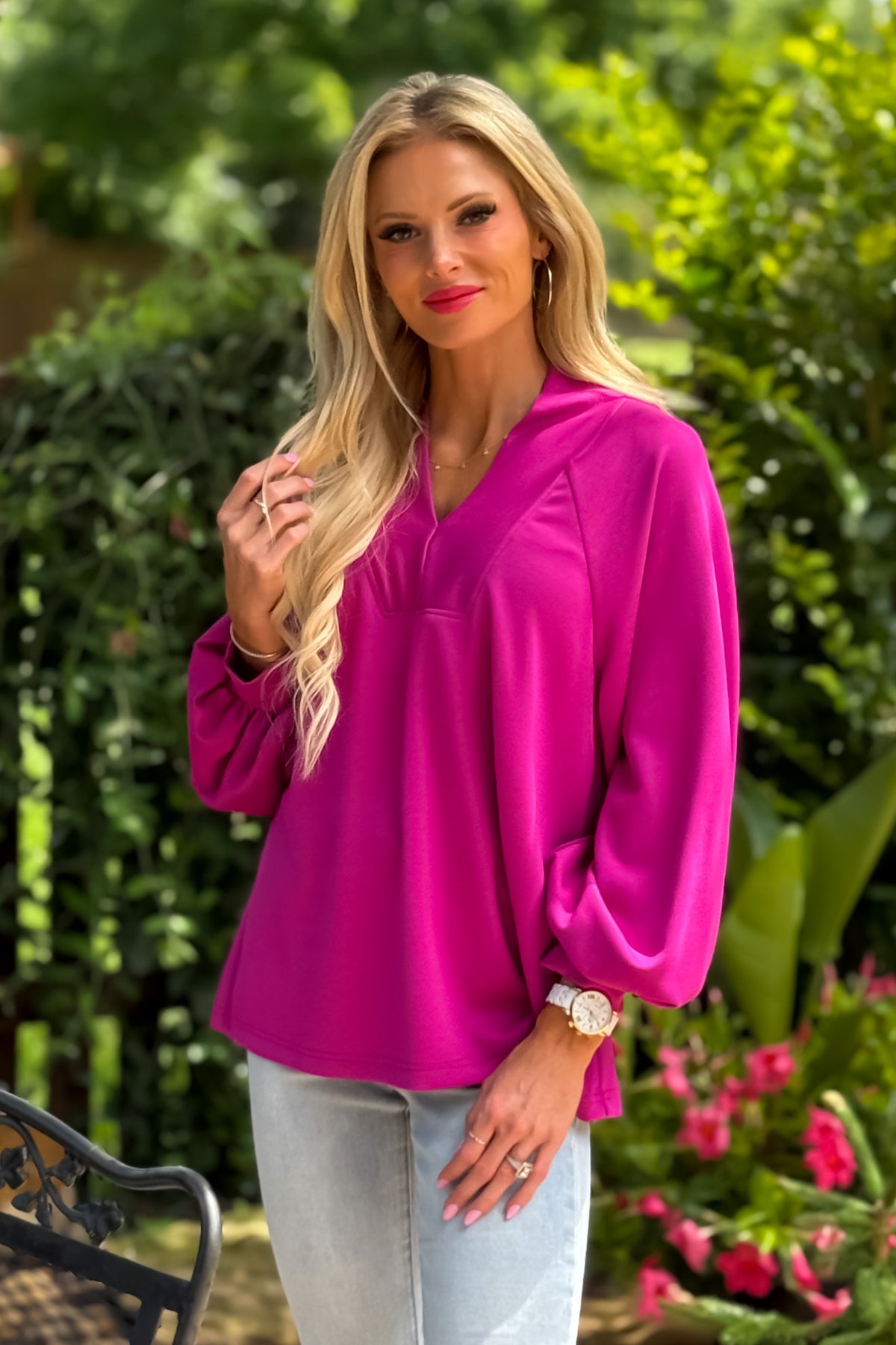 Octavia Soft Brushed V neck Top : Magenta