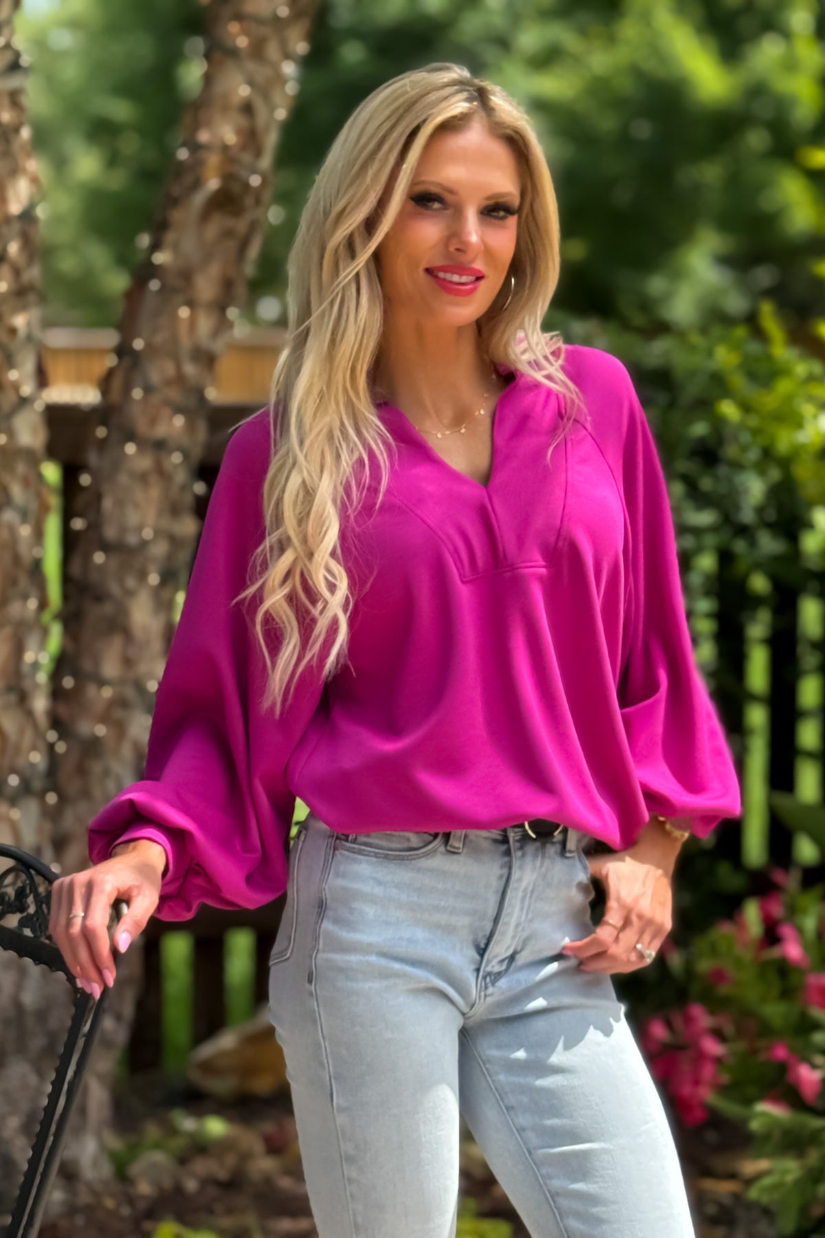Octavia Soft Brushed V neck Top : Magenta