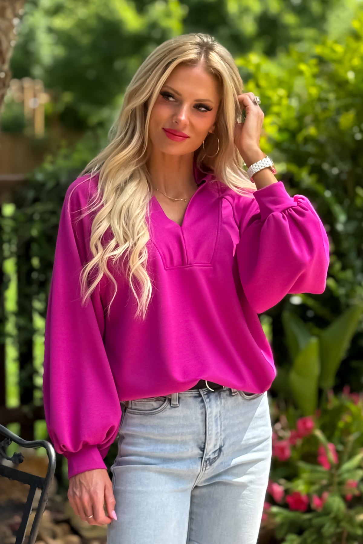 Octavia Soft Brushed V neck Top : Magenta