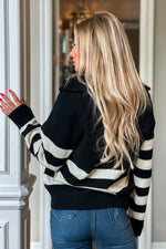 At This Time 1/4 Zip Striped Pocketed Sweater : Black/Ivoryk is