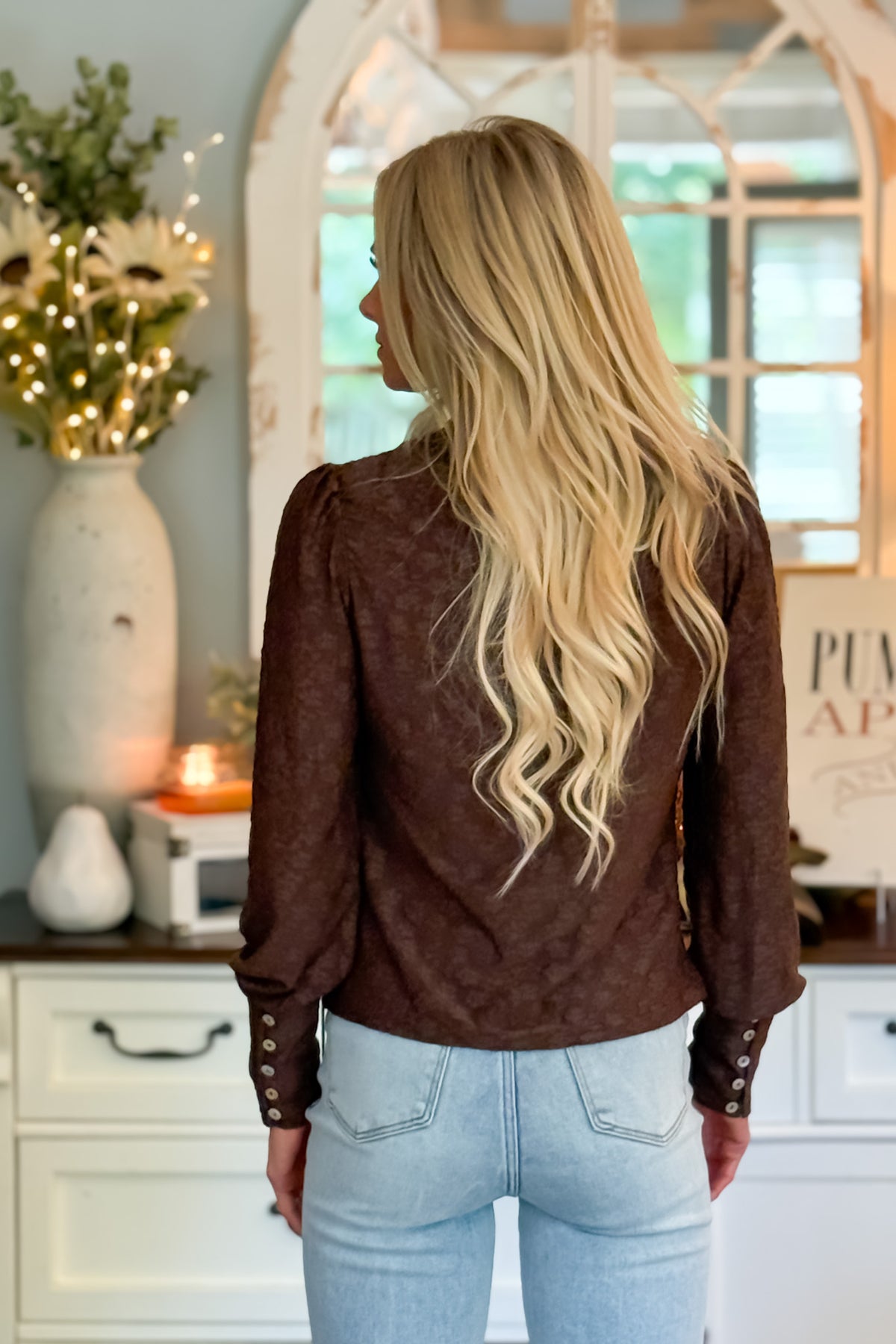 Kara Textured Knit Puff Sleeve Top : Chocolate