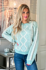 Chilly Mornings Twist Cable Detail Sweater : Aqua/Ivory