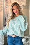 Chilly Mornings Twist Cable Detail Sweater : Aqua/Ivory