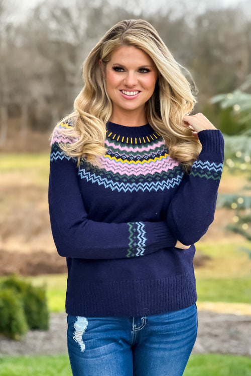 Taylor Fair Isle Crew Neck Sweater : Navy/Pink