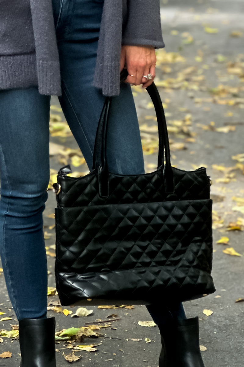 Tessa Quilted Dual Handle Tote : Black