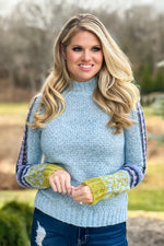 Winter Wonderland Crochet Sleeved Sweater : Ice Blue/Multi