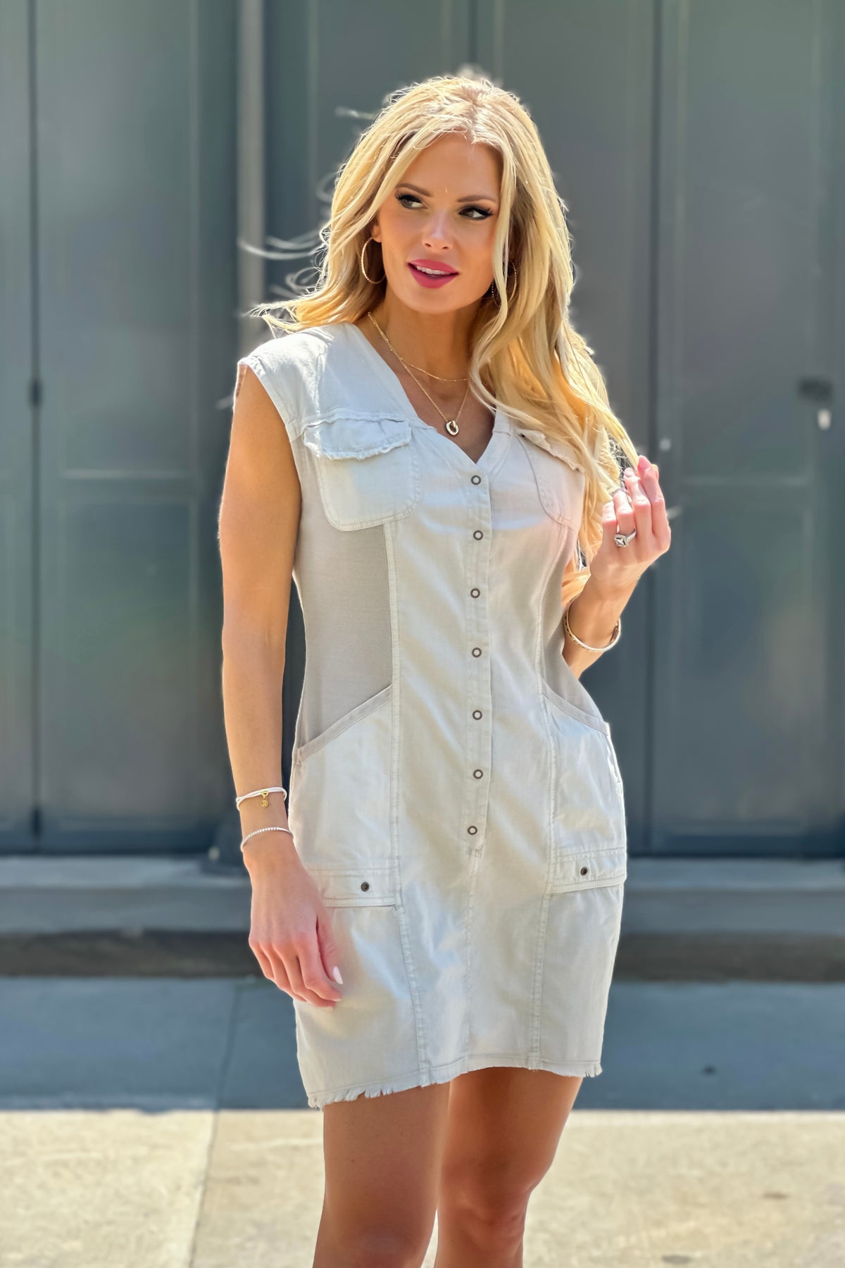 Veida XCVI Snap Front Linen Dress : Stone