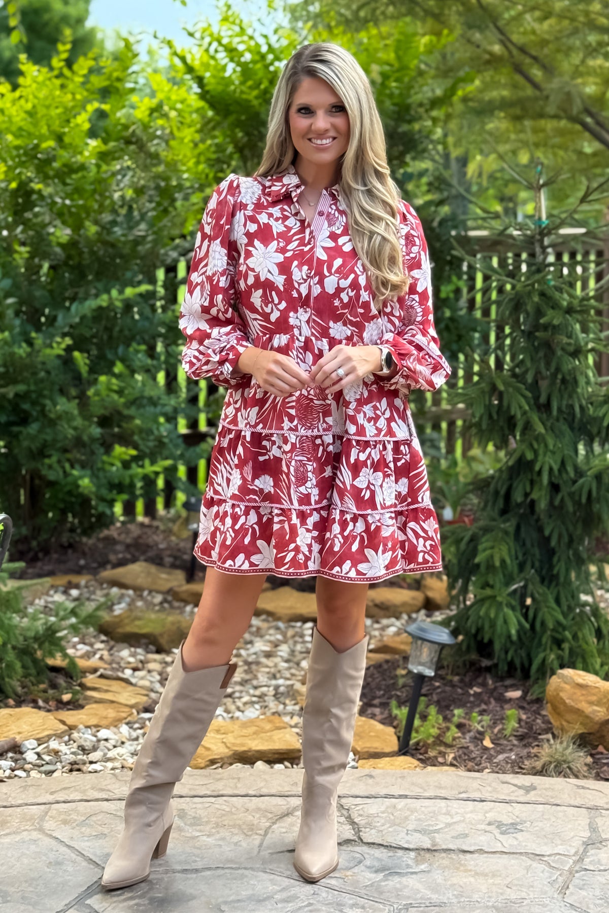 Katlynne Floral Print Tiered Dress : Brick
