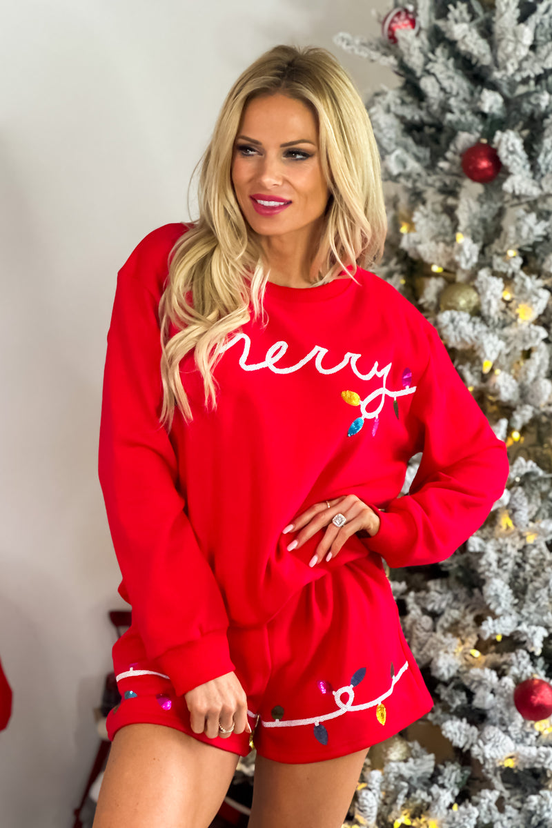Merry Sequined Lights Pullover/Shorts Fleece Set : Red