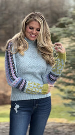 Winter Wonderland Crochet Sleeved Sweater : Ice Blue/Multi