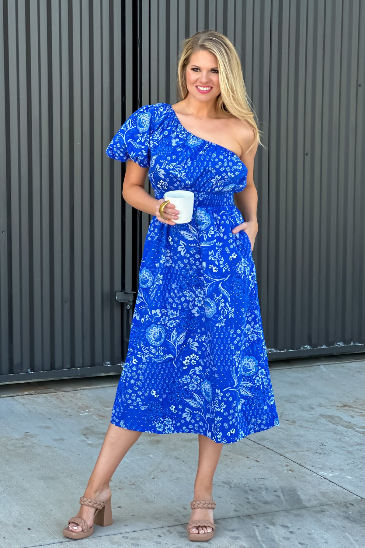 Bridgette One Shoulder Midi Dress : Blue