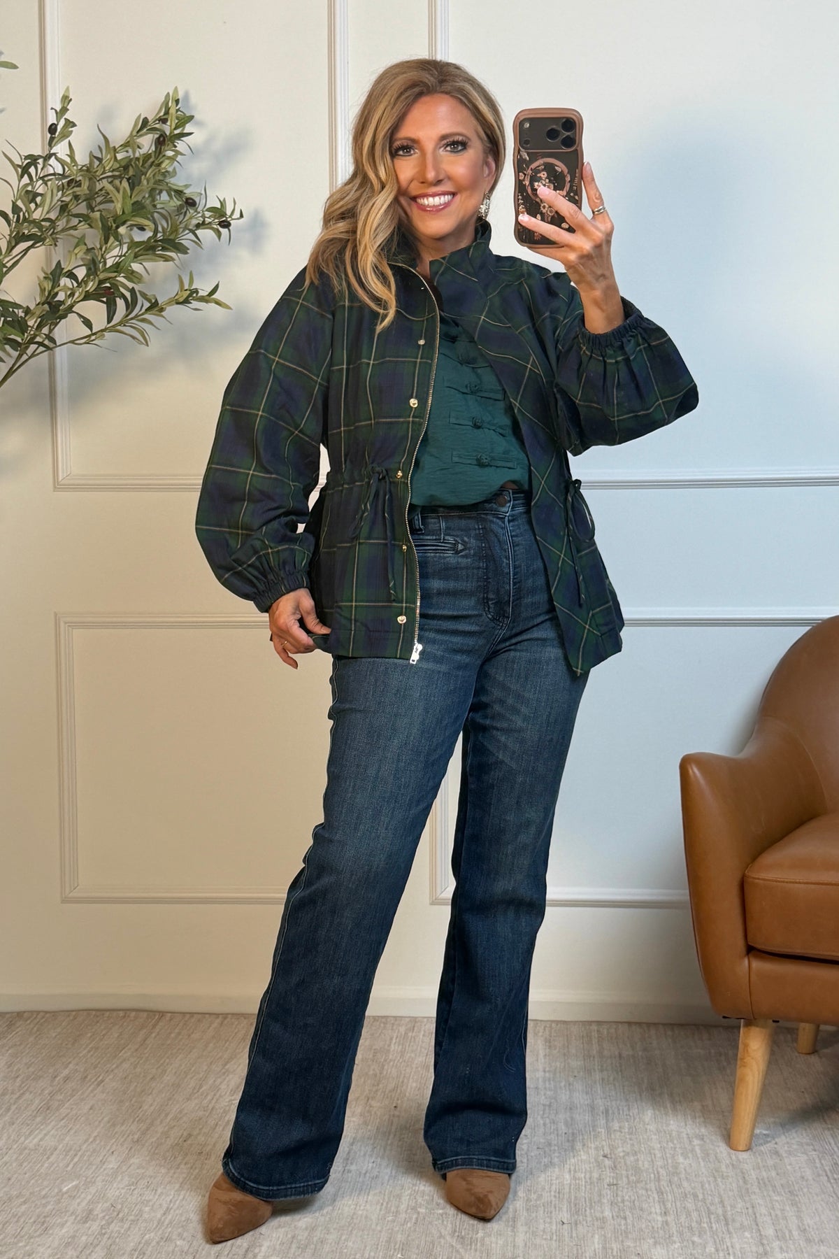 Lenore Zip Front Plaid Jacket : Green/Navy