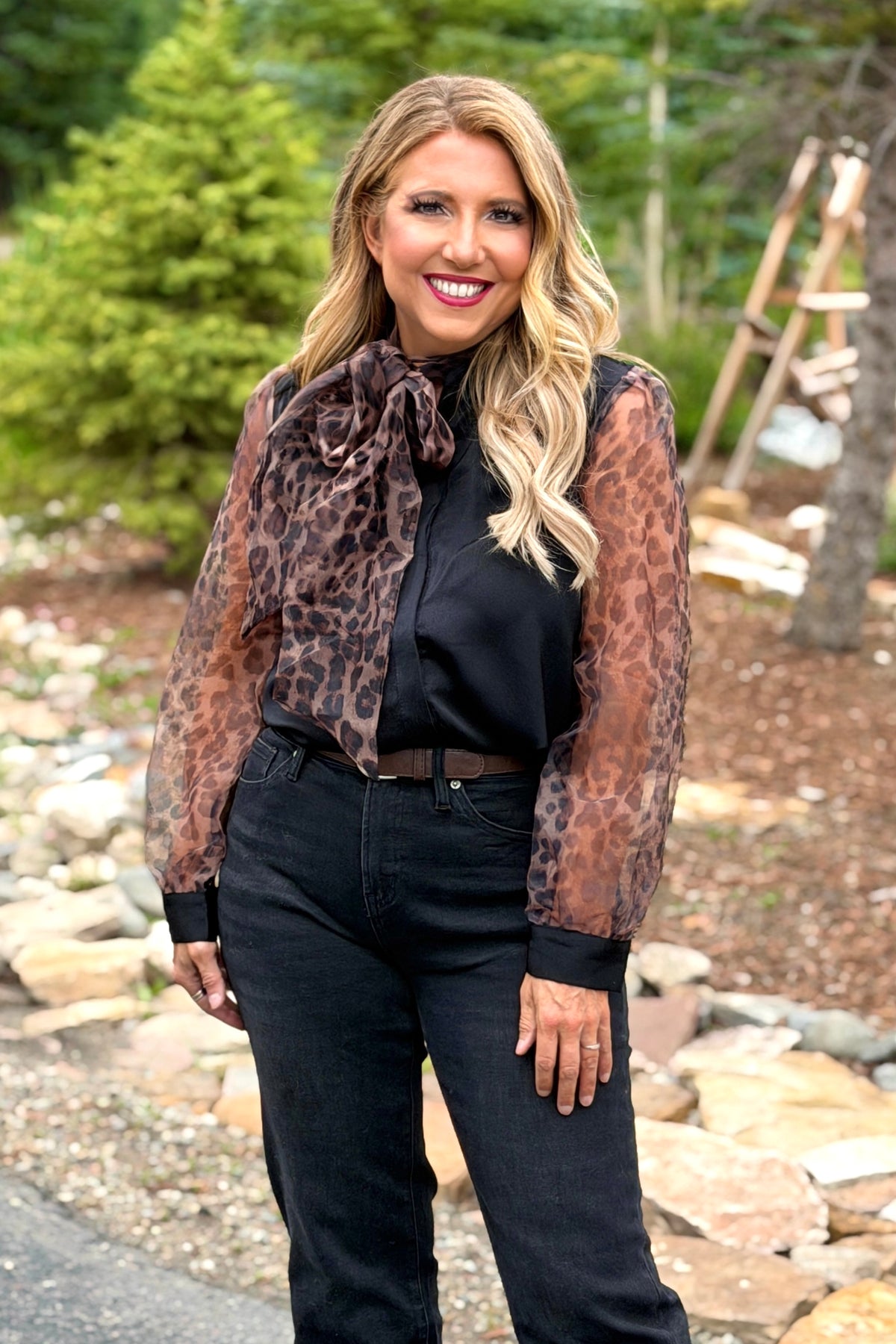 Gaby Self Tie Neckline Detailed Blouse : Black/Brown