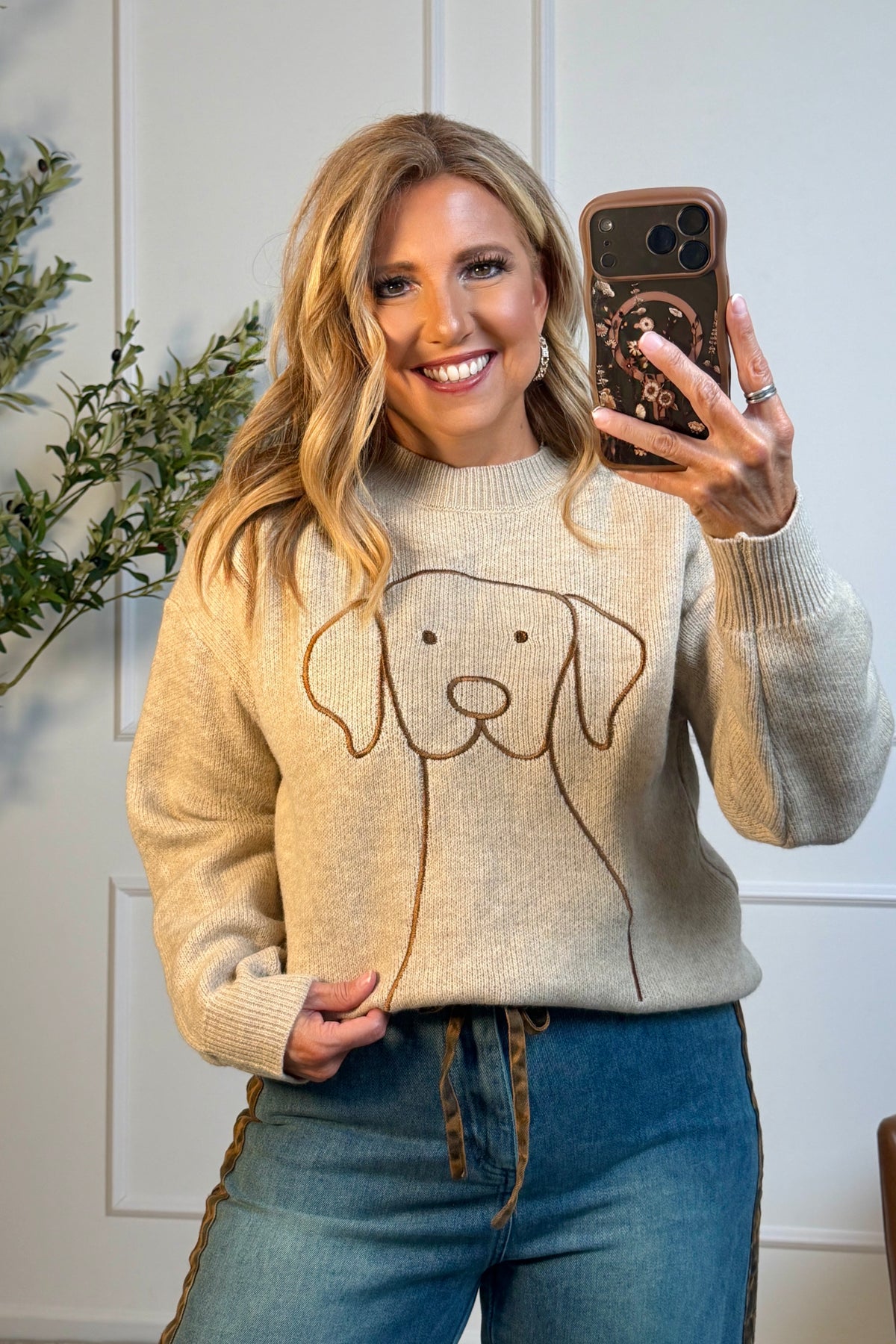 Milla Knit Crewneck Sweater with Dog Face : Oatmeal