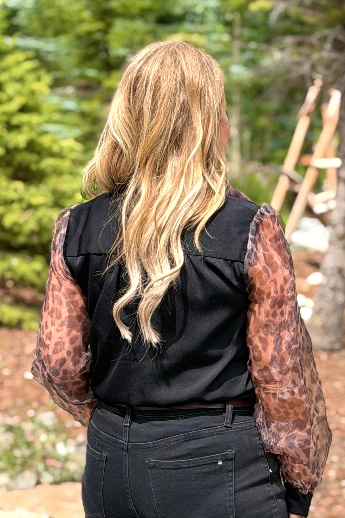 Gaby Self Tie Neckline Detailed Blouse : Black/Brown