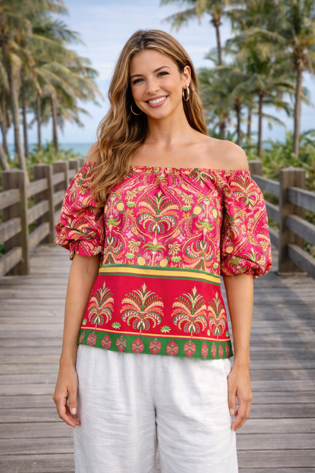 Amirah Botanical Border Print Blouse : Magenta Multi