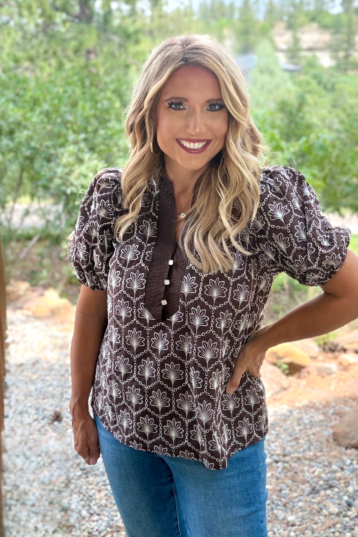 Ayria Embroidered Floral Blouse : Brown