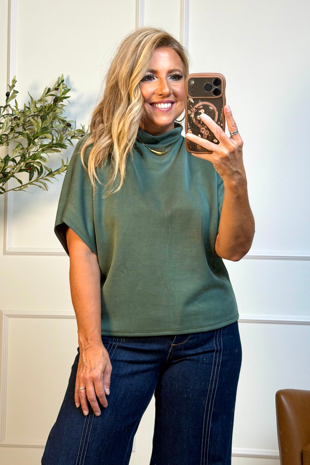 Fenella Mock Neck Dolman Top : Olive