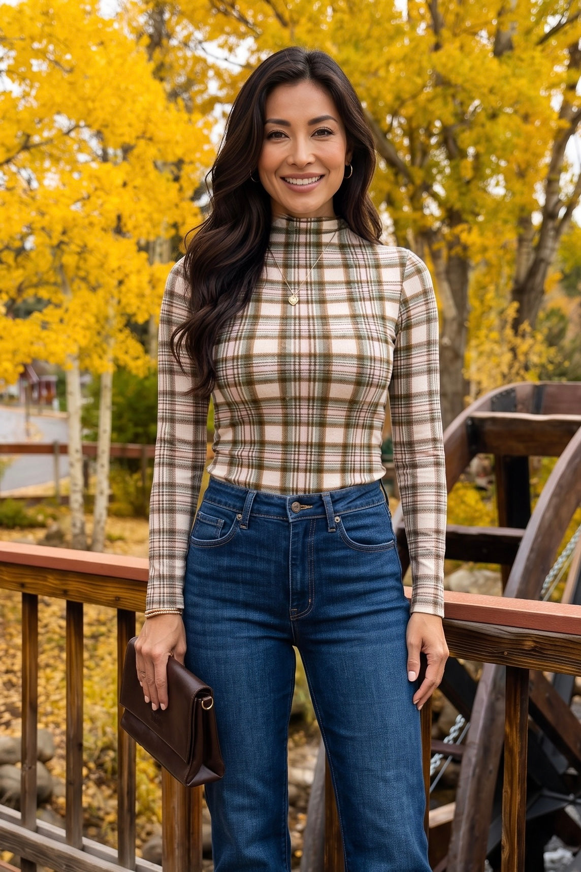 Posie Plaid Mock Neck Mesh Top : Stone