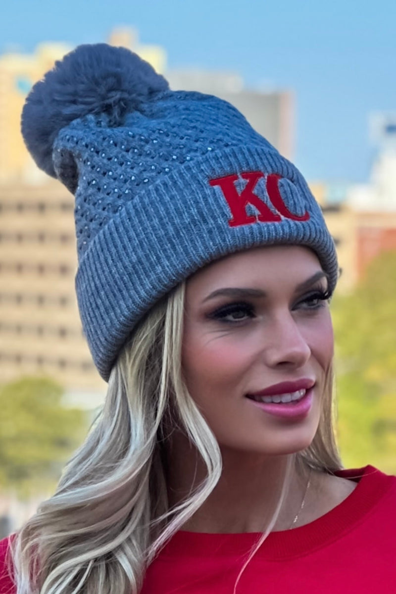 KC CC Rhinestone Fleece Pom Beanie : Grey/Red