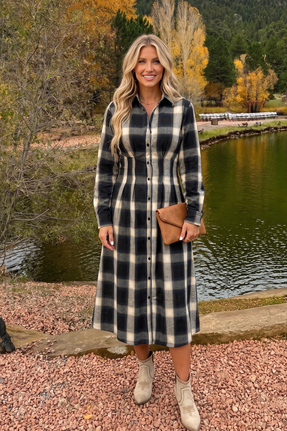 Cordula Plaid Long Sleeve Pleated Midi Dress : Cream/Navy