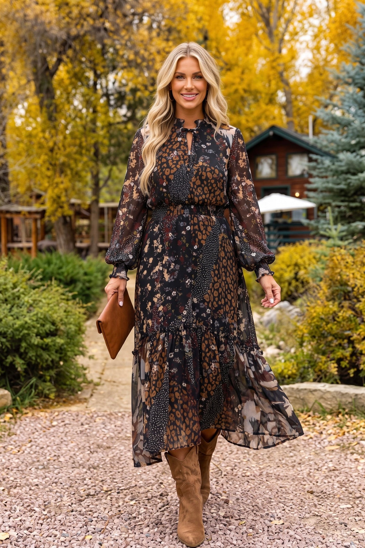 Tribal Almeria Mixed Print Dress : Rustic Brown