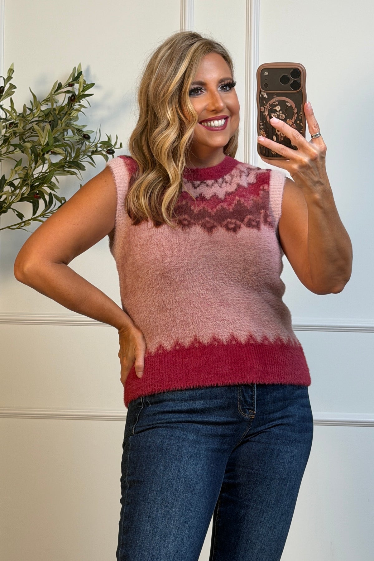 Tribal Pernille Crew Neck Sweater Vest : Pink Frost