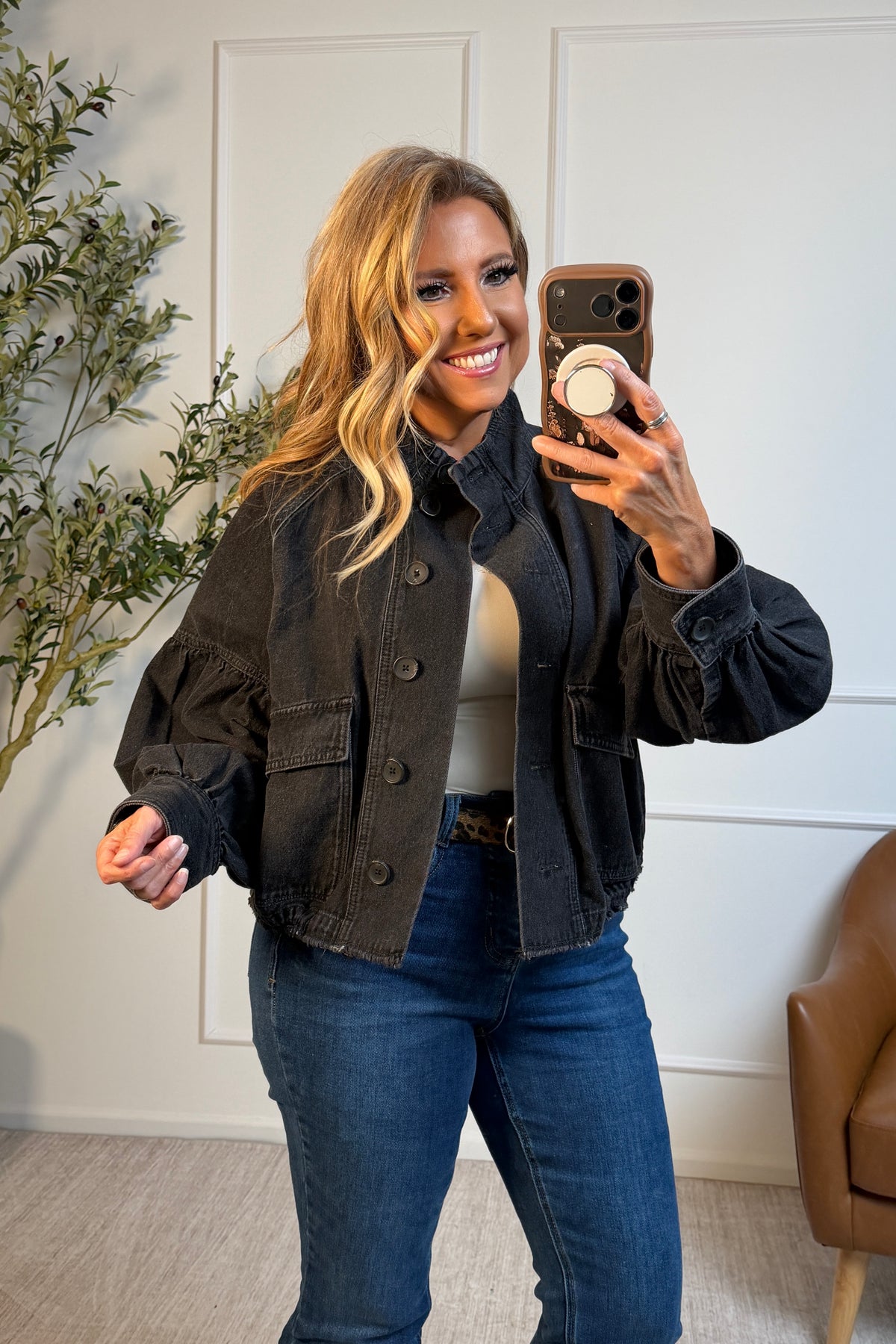 Junia Puff Long Sleeve Denim Jacket : Black