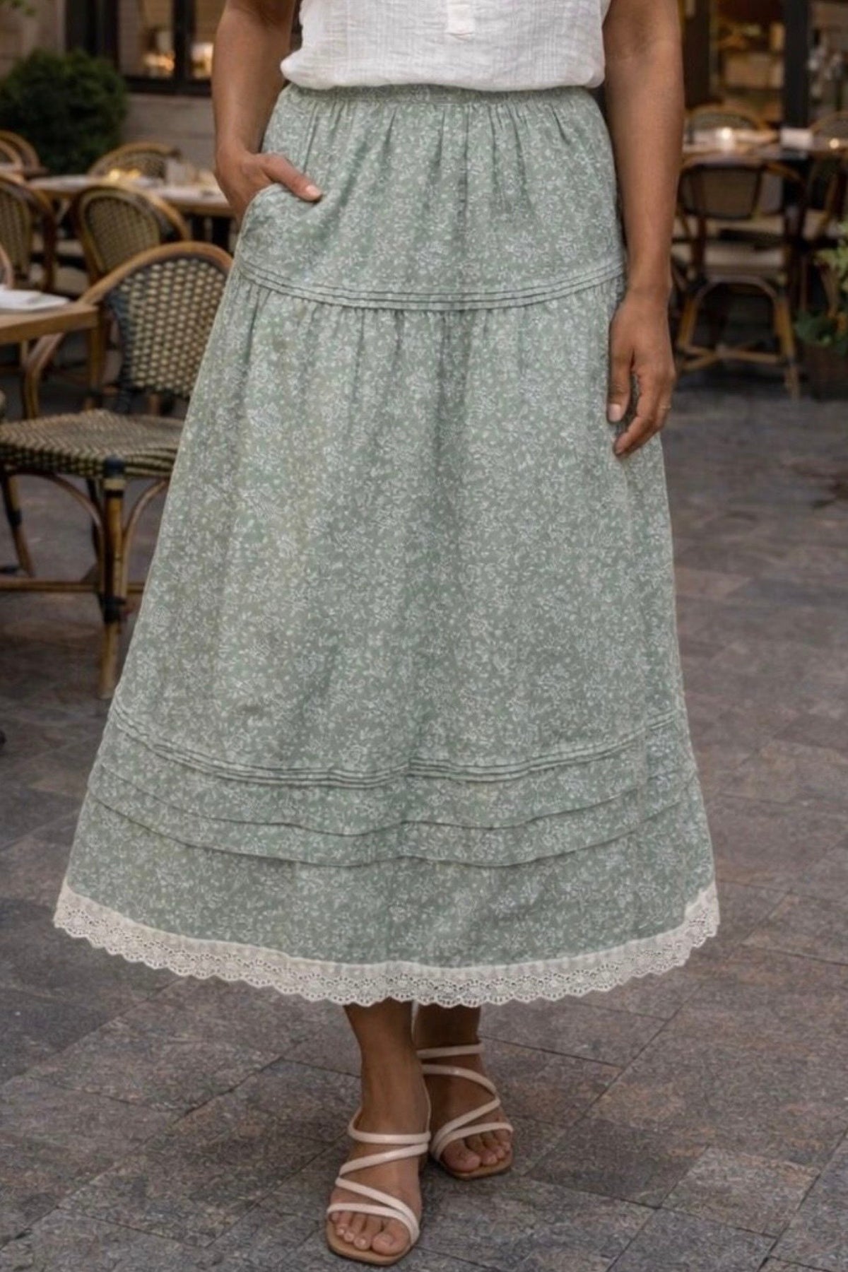 Riley Floral Trim Hem Midi Skirt : Sage