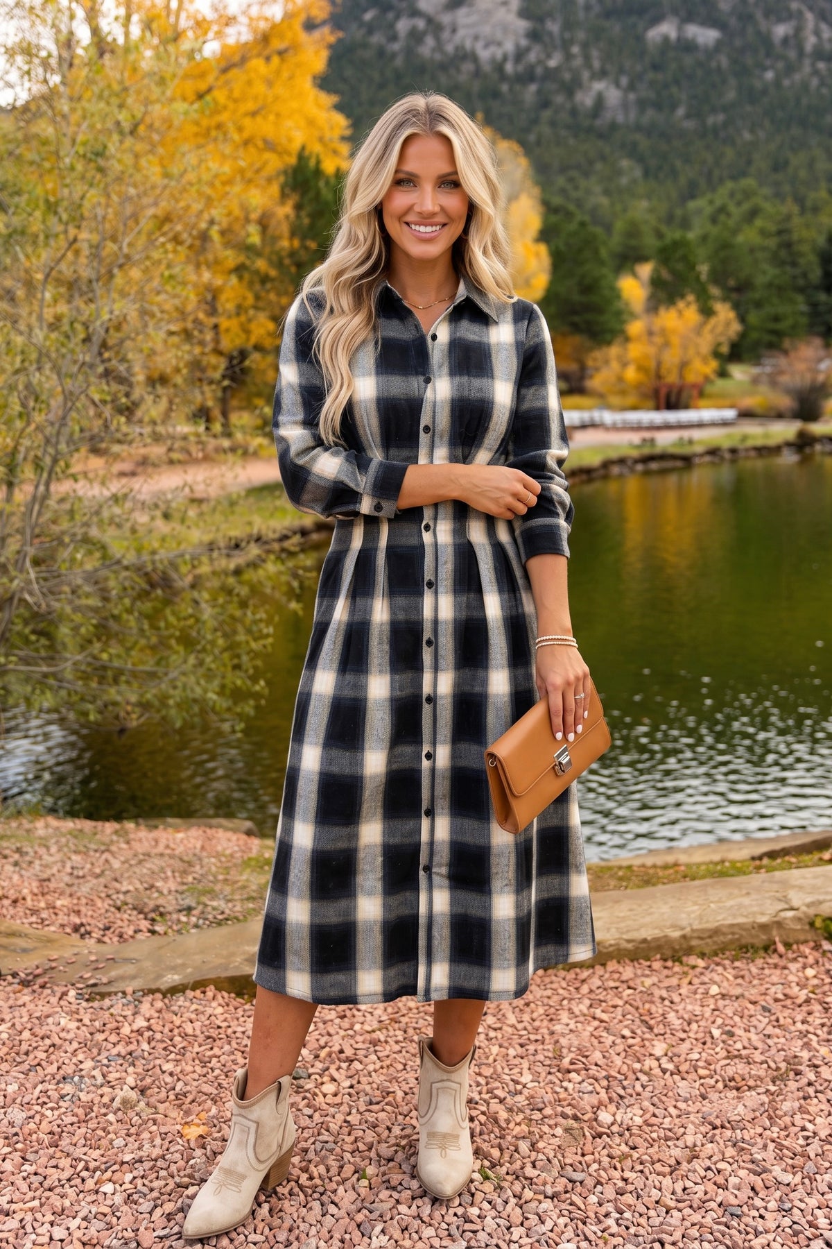 Cordula Plaid Long Sleeve Pleated Midi Dress : Cream/Navy